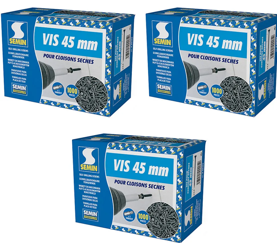 Vis Auto Perceuse 25 mm Semin - Fixation des Plaques de Plâtre sur l'Ossature - Intérieur - Boîte de 1000 Pièces (Lot de 5000)