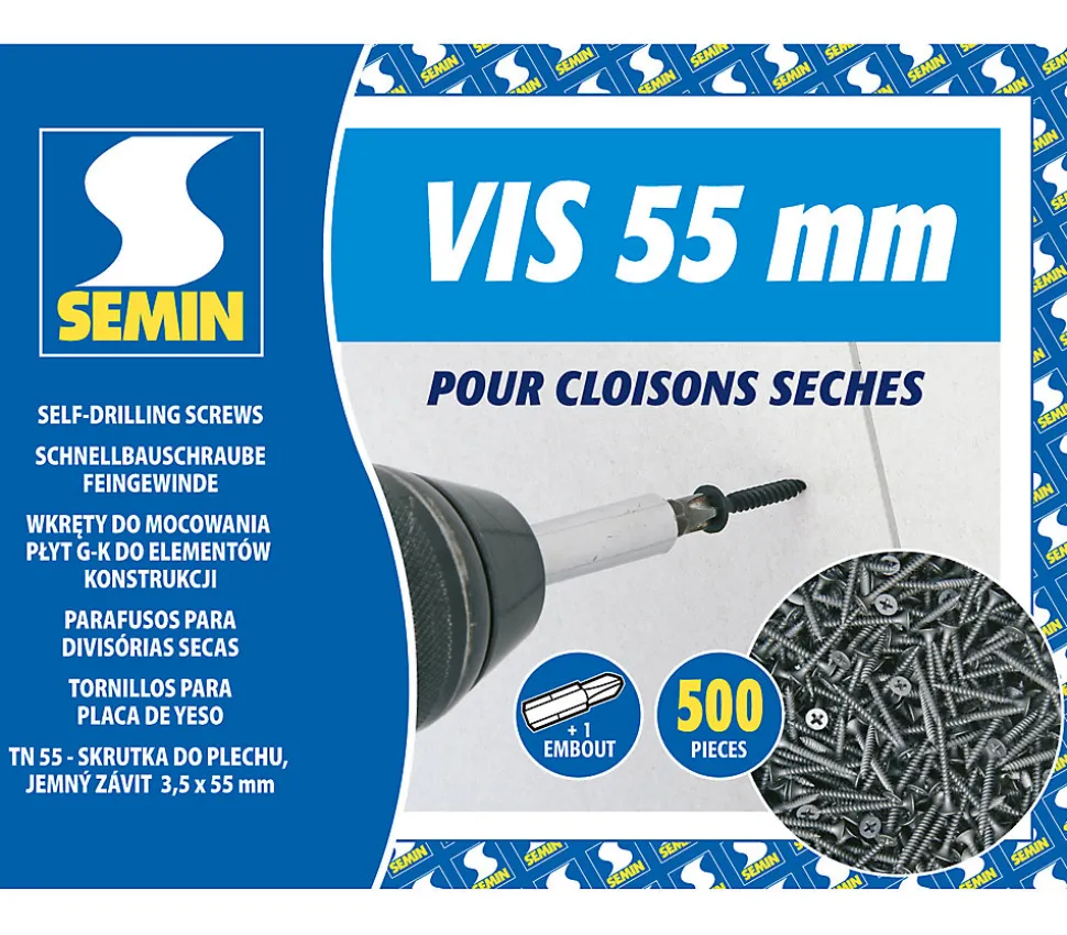 Vis Auto Perceuse 55 mm Semin - Fixation des Plaques de Plâtre sur l'Ossature - Intérieur - Boîte de 500 Pièces (Lot de 1500)