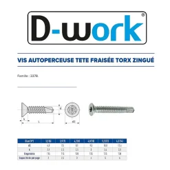 500 Vis Autoperceuses Tête Fraisée Torx 4.2 x 12.7 mm - Zingué blanc - D-Work