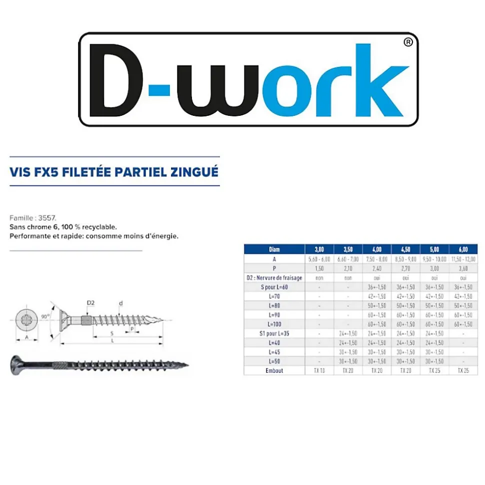 200 Vis Bois FX5 Tête Fraisée Torx F/Partiel 5 x 90 mm - Zingué blanc - D-Work