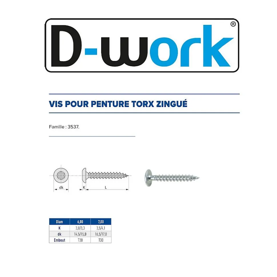 200 Vis Bois pour Penture Torx 6 x 50 mm - Zingué blanc - D-Work
