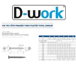 500 Vis Bois TK3 Tête Fraisée Crantée Torx F/Total 3 x 30 mm - Zingué blanc - D-Work
