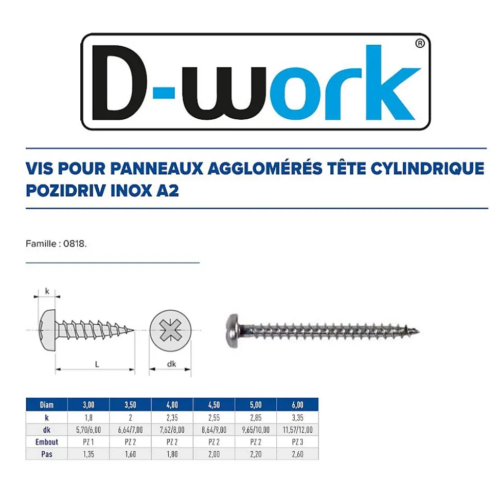 200 Vis Bois Tête Cylindrique Pozidriv 4.5 x 20 mm - Inox A2 - D-Work