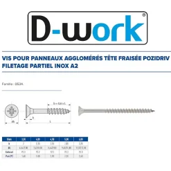 200 Vis Bois Tête Fraisée Pozidriv F/Partiel 4 x 50 mm - Inox A2 - D-Work