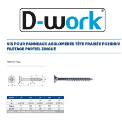 500 Vis Bois Tête Fraisée Pozidriv F/Partiel 4.5 x 45 mm - Zingué blanc - D-Work