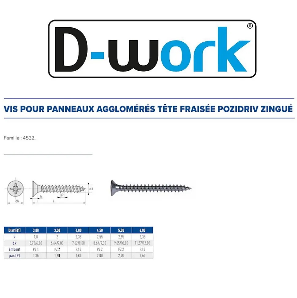 250 Vis Bois Tête Fraisée Pozidriv 4.5 x 80 mm - Zingué blanc - D-Work