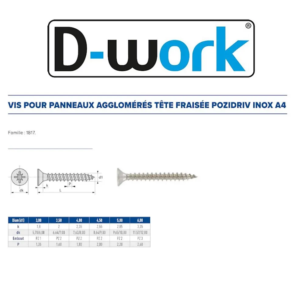 100 Vis Bois Tête Fraisée Pozidriv 6 x 70 mm - Inox A4 - D-Work