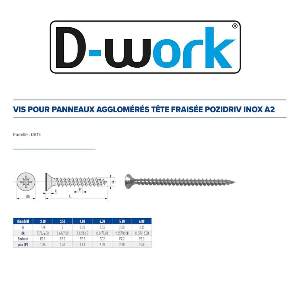 200 Vis Bois Tête Fraisée Pozidriv 5 x 30 mm - Inox A2 - D-Work