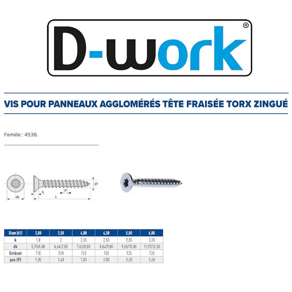 500 Vis Bois Tête Fraisée Torx T20 F/Partiel 4.5 x 45 mm - Zingué blanc - D-Work
