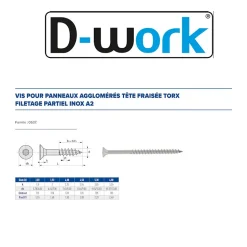 200 Vis Bois Tête Fraisée Torx T20 F/Partiel 4.5 x 60 mm - Inox A2 - D-Work