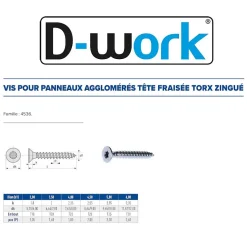 500 Vis Bois Tête Fraisée Torx T15 F/Total 3.5 x 30 mm - Zingué blanc - D-Work