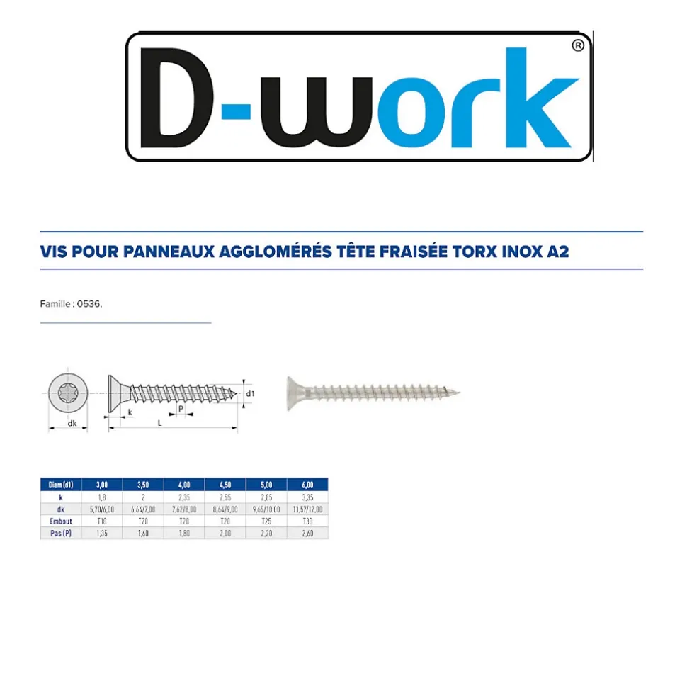 200 Vis Bois Tête Fraisée Torx T20 3.5 x 40 mm - Inox A2 - D-Work