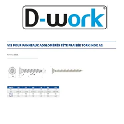 200 Vis Bois Tête Fraisée Torx T25 5 x 50 mm - Inox A2 - D-Work
