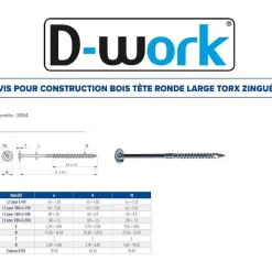 50 Vis Bois Tête Ronde Larges Torx T40 8 x 340 mm - Zingué blanc - D-Work