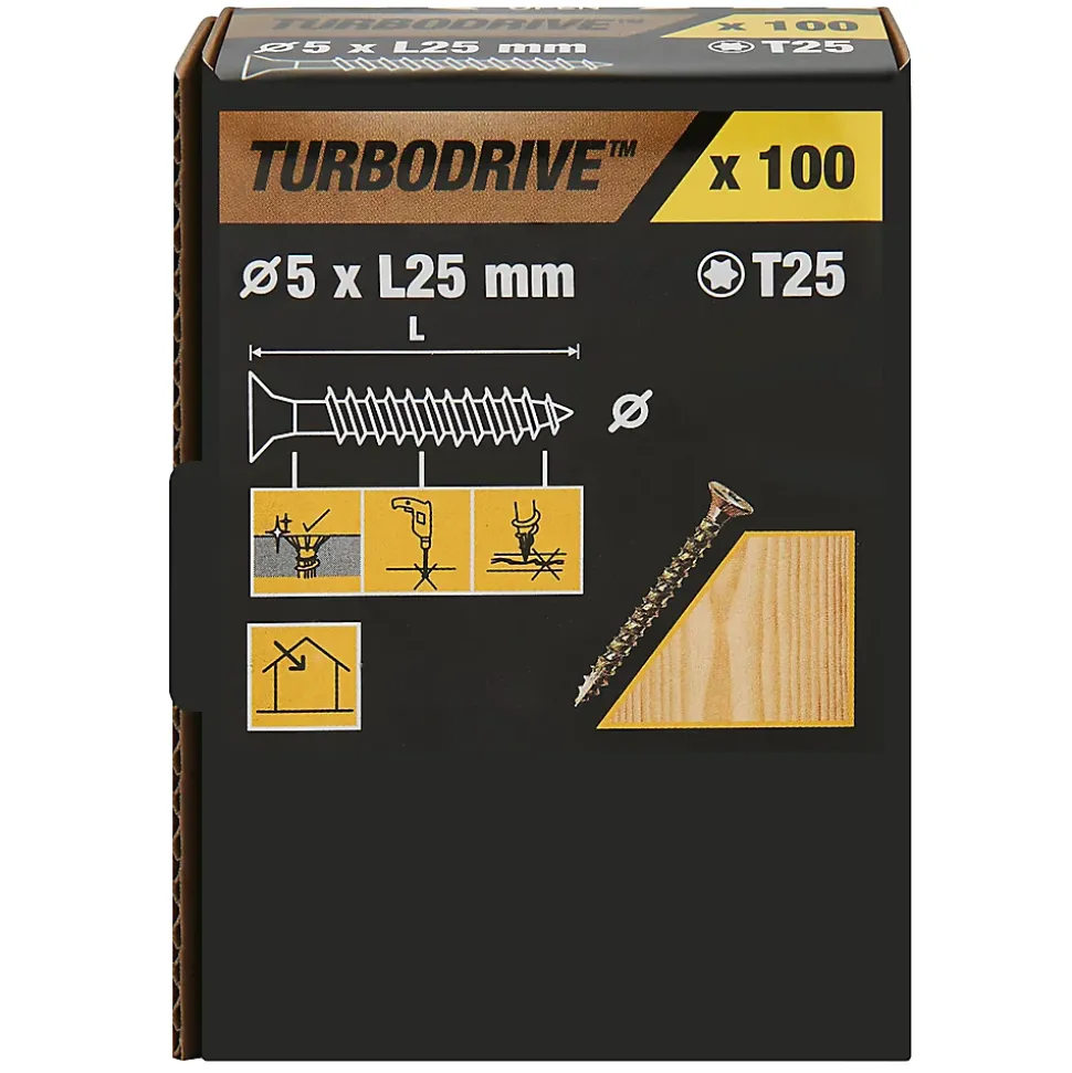Vis à bois Turbodrive Premium torx zinguée jaune 5x25 mm - 100 pièces