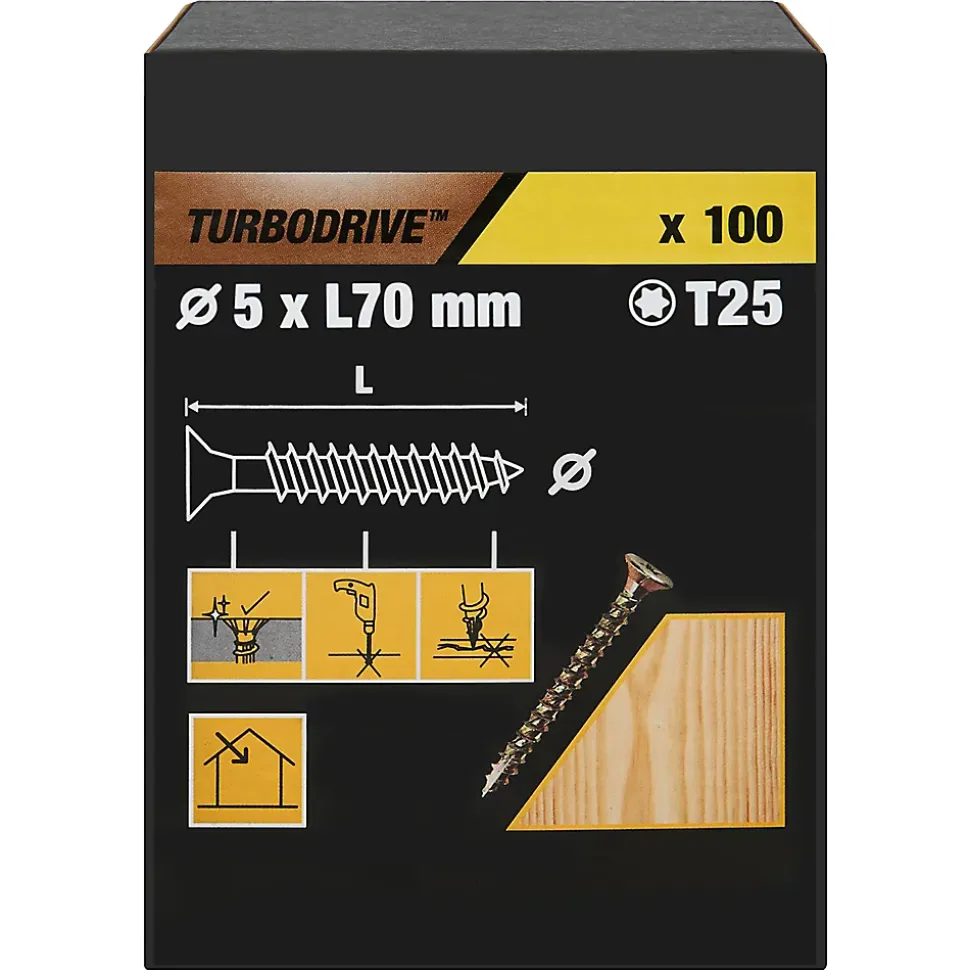 Vis à bois Turbodrive Premium torx zinguée jaune 5x70 mm - 100 pièces