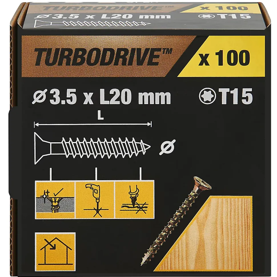 Vis à bois Turbodrive Premium torx zinguée jaune 3.5x20 mm - 100 pièces