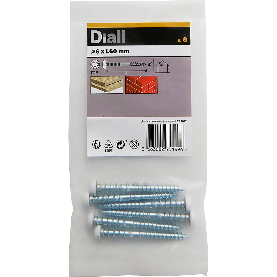 Vis de châssis PVC zinguée avec tête peinte en blanc, 6x60 mm - 6 pièces
