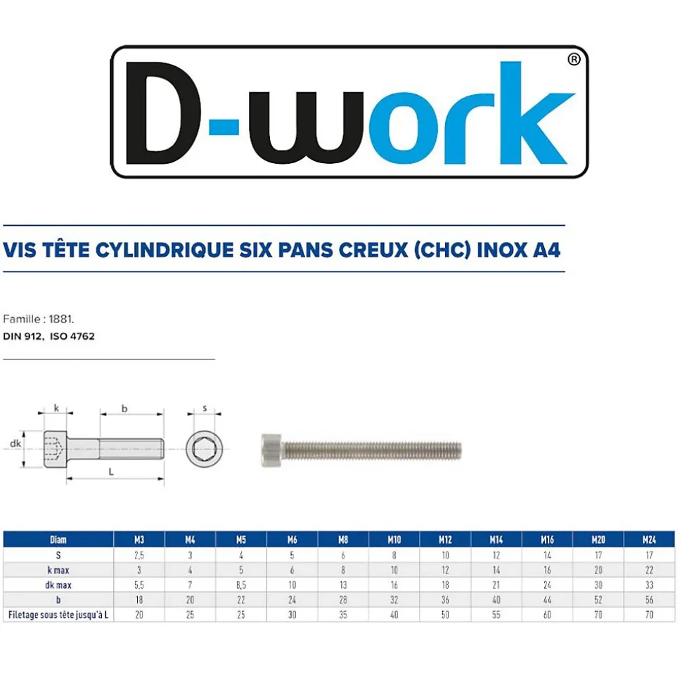 10 Vis Métaux Tête Cylindrique 6 Pans Creux CHC 20 x 120 mm - DIN 912 - Inox A4 - D-Work