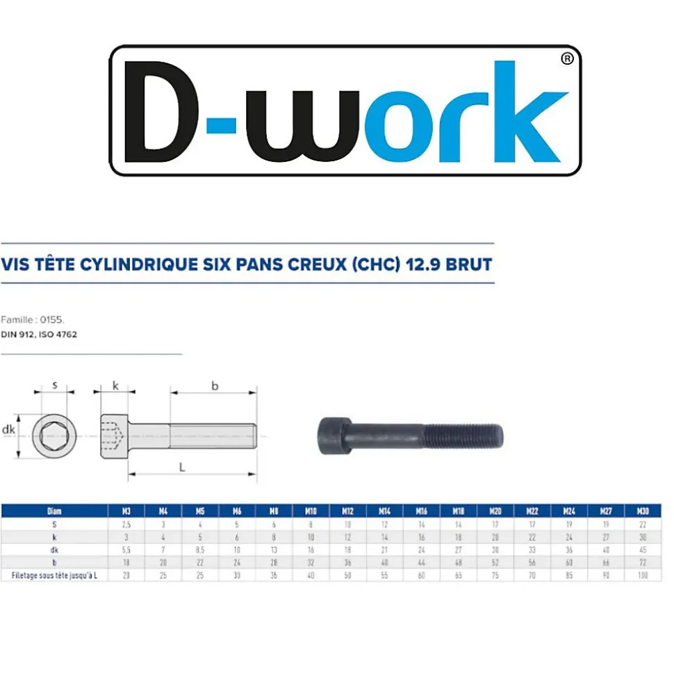 10 Vis Métaux Tête Cylindrique 6 Pans Creux CHC F/Partiel 20 x 220 mm - DIN 912 - 12.9 - Brut - D-Work