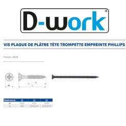 250 Vis Plaque de Plâtre Trompette Phillips D. 4.8 x 90 mm - Phosphaté noir - D-Work