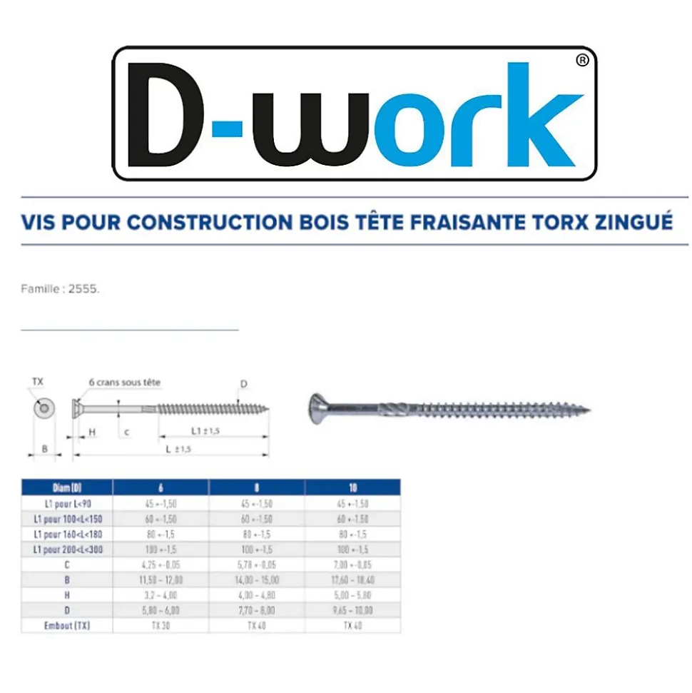 100 Vis pour Construction Bois Tête Fraisante Torx T30 6 x 150 mm - Zingué blanc - D-Work