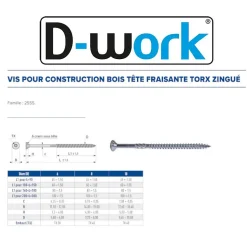 50 Vis pour Construction Bois Tête Fraisante Torx T40 10 x 340 mm - Zingué blanc - D-Work