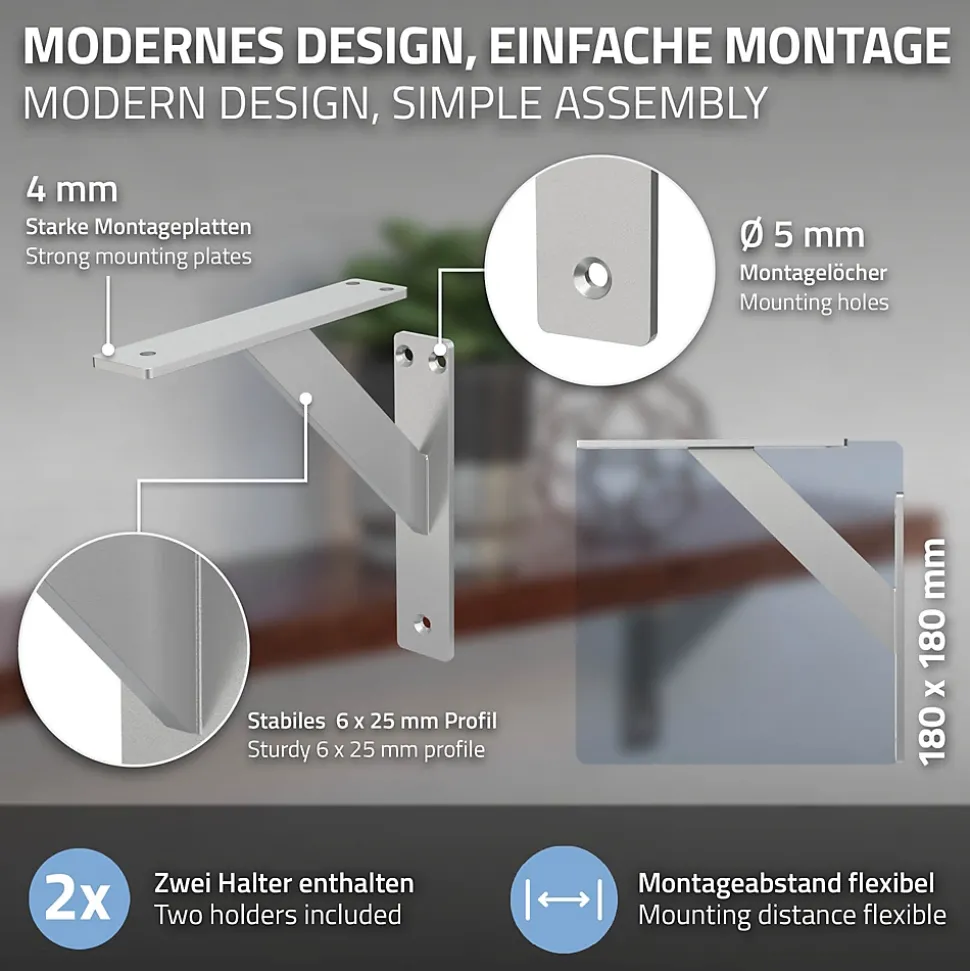4x Support Etagere murale fixation flottante aluminium argent
